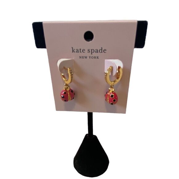 Kate spade beautiful red, black, gold & pave crystal ladybug huggie hoops. - Picture 1 of 6